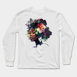 Afro Natural Curly Black women Floral Flowers Long Sleeve T-Shirt